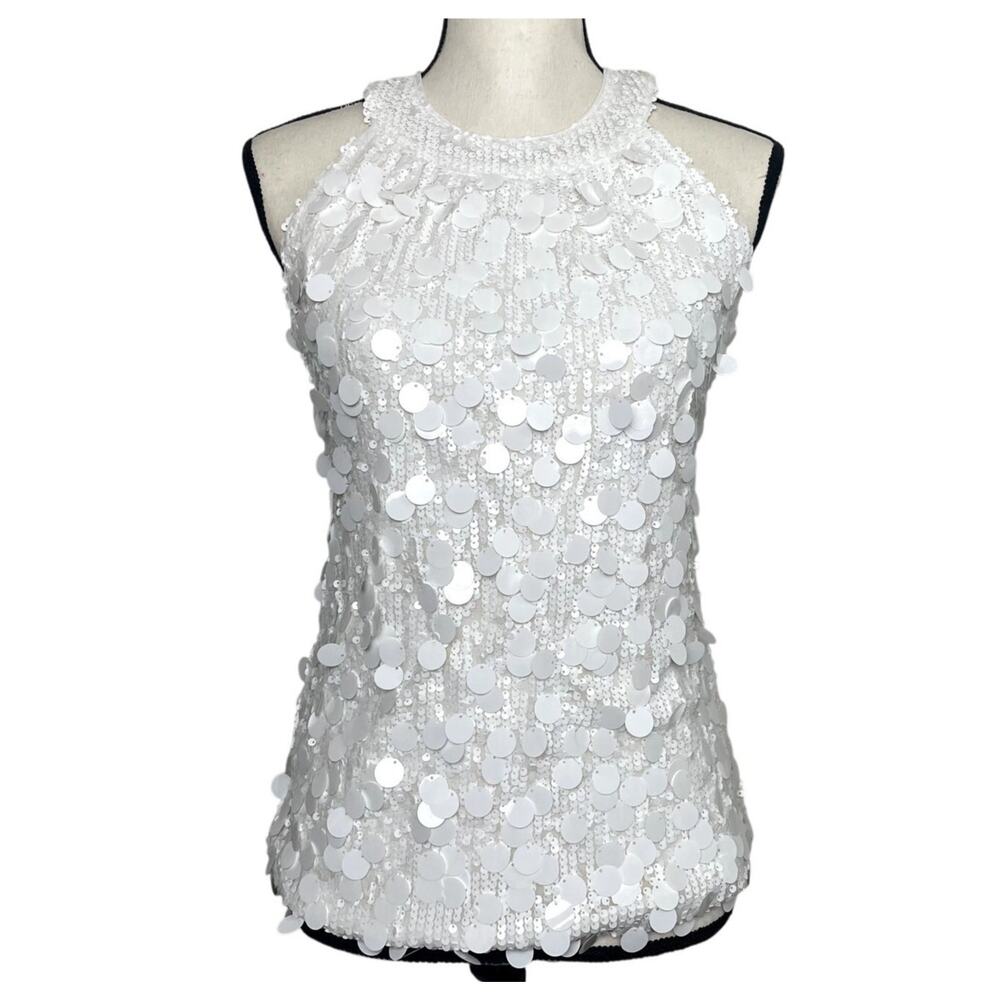 White Sequin Embellished Halter Top Size Small Sparkly Sleeveless Blouse Stretch